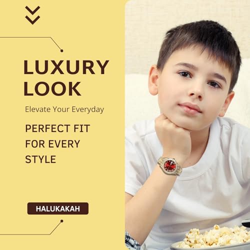 Halukakah Diamonds Gold Watch Iced Out for Boy Teens Kids - 18K Real Gold/Platinum Plated,42mm Blue/Green/Red Dial,Japanese Quartz - 8" Length - Optional with Cuban Link Chain,with Watch Adjuster Tool3