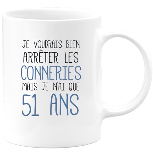 Taza de cumpleaños de 51 años, divertida y divertida, cerámica, color blanco