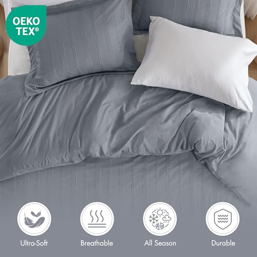Image of Madison Park Essentials Striped Duvet Cover Set King, Modern Minimalist Bedding Set with Premium Jacquard Stripe, 3 Pieces Duvet Cover Reversible with Zipper Closure & Corner Ties,Blue /Grey
