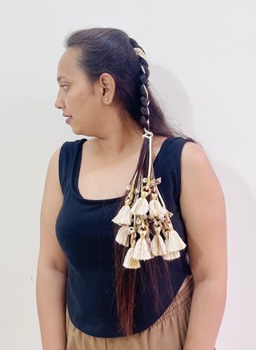 Image of Zippy Flora Handmade Shankh Boho Parandi | | Traditional Hair Accessory with Tassles | Hair Extension |Women's Patiala Shahi Paranda | Choti |Shankh Parandi (Off-white) | 22 Inches Length