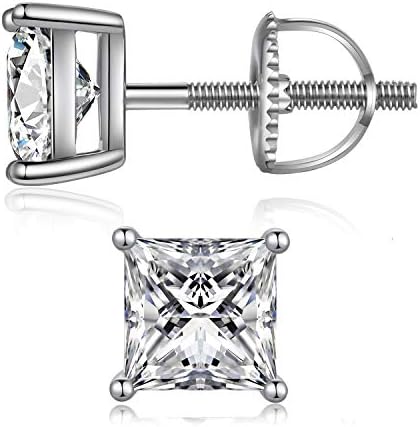 Men Stud Earrings Screw Back Men Diamond Earrings CZ Earrings Silver Square Stud Earrings with Screw Back Princess Cut Earring Cubic Zirconia Stud Earrings for Women Stretling Silver Men Earring 4MM