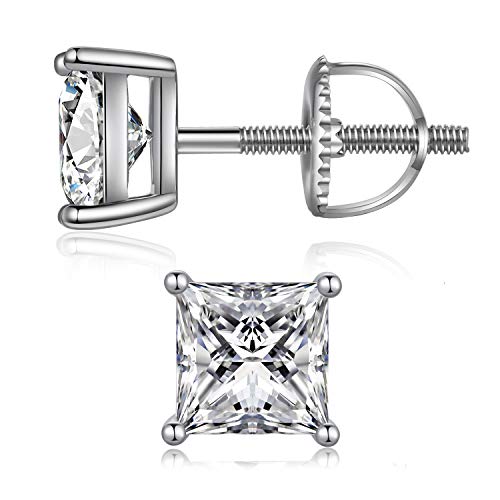 Men Stud Earrings Screw Back Men Diamond Earrings Cz Earrings Silver Square Stud Earrings With Screw Back Princess Cut Earring Cubic Zirconia Stud Earrings For Women Stretling Silver Men Earring 4Mm #TOP2