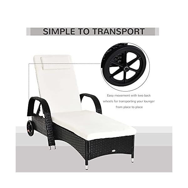 Outsunny Garden Rattan Furniture Single Sun Lounger Recliner Bed Reclining Chair Patio Outdoor Wicker Weave Adjustable Headrest with Fire Retardant Cushion - Image 7