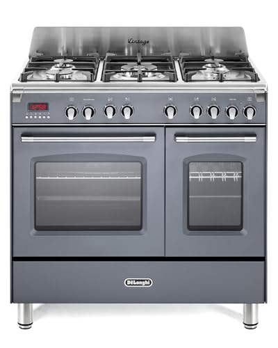 De'Longhi MEM 965T GX ED - Cocina de gas, 90 cm, doble horno eléctrico multifunción, 5 fuegos, diseño vintage, color gris pizarra, clase energética A