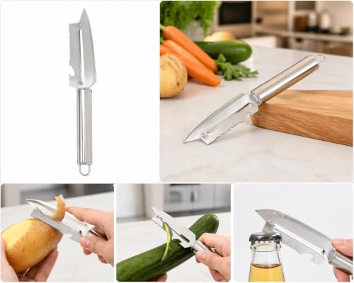 Image of 4 in 1 Stainless Steel Vegetable Peeler with Knife, Bottle Opener & Serrated Edge, Multipurpose Fruit and Vegetable Peeling Tool with Hanging Loop, Kitchen Peeler