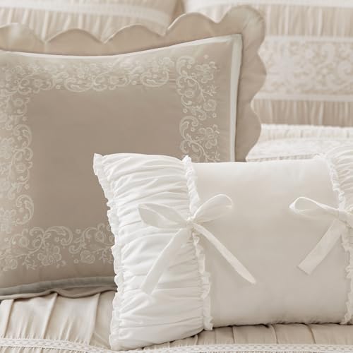 Image of Madison Park 5-Piece Farmhouse Comforter Set with Ruching & Lace Trim, Soft Chambray Bedding, Includes Comforter and 2 Decorative Pillows, King, Neutral