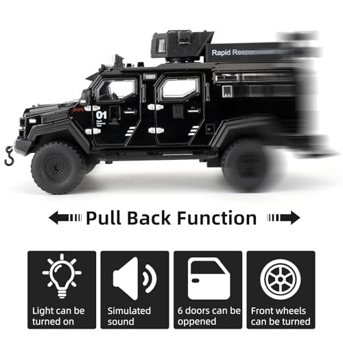 LOVEPOSELY Compatible for 1:24 Saber-Toothed Tiger Alloy Armored Car Model, Collectible Diecast Armoured Explosive Protected Vehicle Toy, Pull Back Toy Car with Sound and Light for Adult Kids (Black) - Image 5