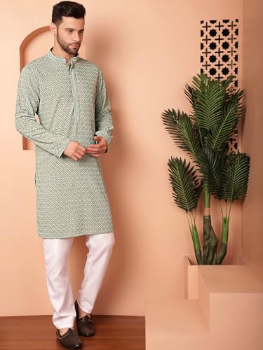 Image of Jompers Men's Pista Embroidered and Sequence Kurta with Pyjama (Pista, S)
