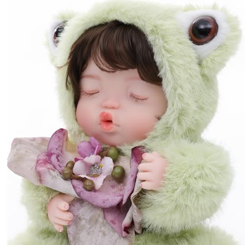 Muñeca Reborn de 10 Pulgadas con Traje de Rana Verde miniatura 4