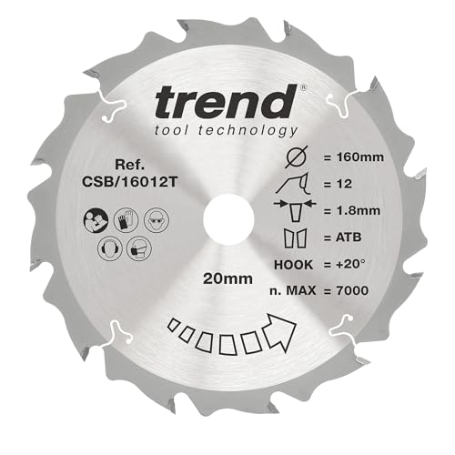 Trend Wood Cordless Circular Saw Blade, 160mm Diameter, 20mm Bore, 12 Teeth, 1.8mm Kerf, +20° Hook, TCT, Coarse Finish, CSB/16012T