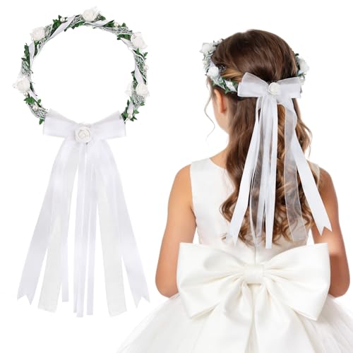 Kommunion Haarschmuck Mädchen Stirnband Blumenkranz mit Weiß Blüten Perlen Organza Bänder für Erstkommunion Blumenkind Blumenmädchen Hochzeit Festival Kopfschmuck