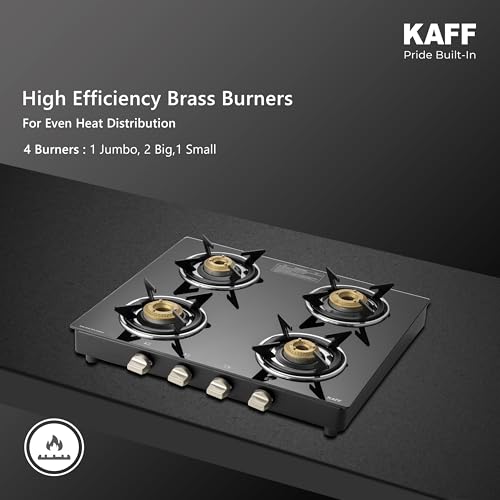 Image of KAFF CTC 63 4B Gas Stove /Cooktop 4 Burners with Manual Ignition 63 CM, High Efficiency Brass Burners, Black Tempered Glass, Enamelled Pan Support (Black)