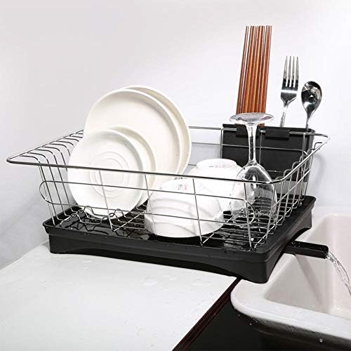 knowledgi Stainless Steel Plate Dish Drainer with Tray and Cutlery Holder Dish Drainer with Drip Tray and Removable Utensil Holder Stainless-Steel Dish Drainer Cutlery Can Dry Easily