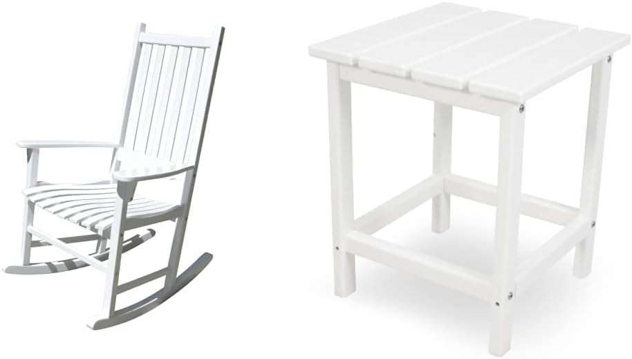 Merry Garden - White Porch Rocker/Rocking Chair Acacia Wood & POLYWOOD ECT18WH Long Island 18" Side Table, White