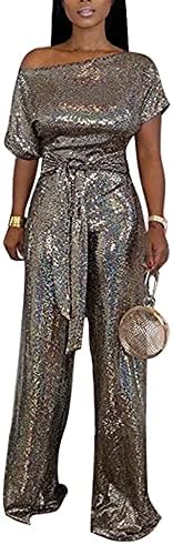 Women's Sexy Sparkly Jumpsuits Crewneck One Off Shoulder Elastic Waist Stretchy Long Pants Elegant Banquet Metallic Shiny Romper Jumpsuit
