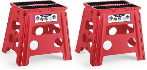 Image of Delxo Folding Step Stool, 13 inch Non-Slip Foldable Stools Up to 300 LBS, Step Stool with Handle, Lightweight for Kitchen, Bathroom, Bedroom, Garden, Dotted Texture, Red,1PC (Pack of 2)
