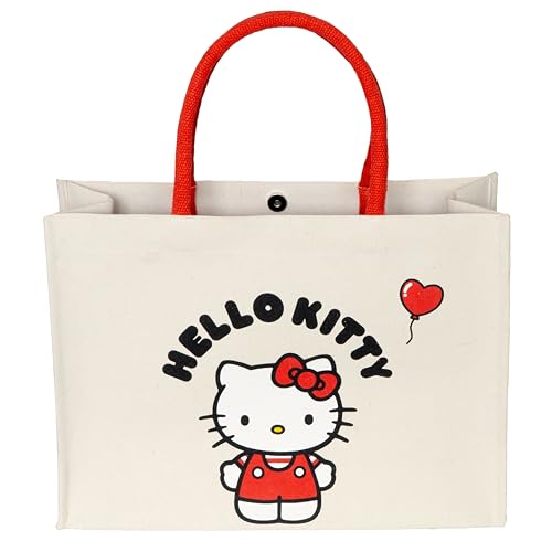 Kanguru, Hello Kitty Große Damen-Handtasche Baumwolle mit roten Griffen, gefütterte Einkaufstasche mit Innentasche, modische Geschenkidee für Reisen, Einkaufen, Fitnessstudio, Arbeit