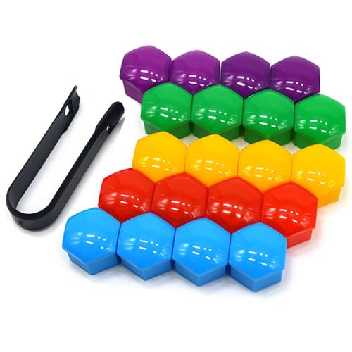 QitinDasen 20 Pezzi 19 mm Auto Ruote Copridado Set, Tappo Dado Bullone Ruota, Tappo a Vite Mozzo Ruote Auto Universale, Coperchio Dado Pneumatico Esagonali (Rosso Giallo Blu Verde Viola)