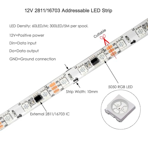 Image of 12V 2811 Pixel Programmable LED Strip Light, Fancy Dream Color, 5M /16Feet 300LED, Without Power Supply (IP65 Silicone Cover)