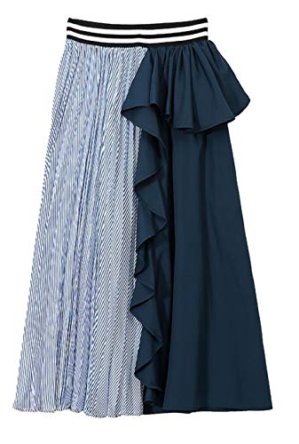 CHARTOU Women's Elastic Waist Contrast Patchwork Pleated Ruffle A-Line Long Maxi Skirt (One Size, Black)