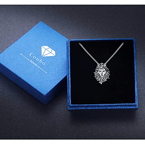 925 Sterling Silver Lion Necklace For Men Women Lion Head Necklaces 3D Crown Lion King Animal Pendant Necklaces Retro Hip Hop Charm For Father Day Birthday Jewelry Gift For Girl Boy #TOP7