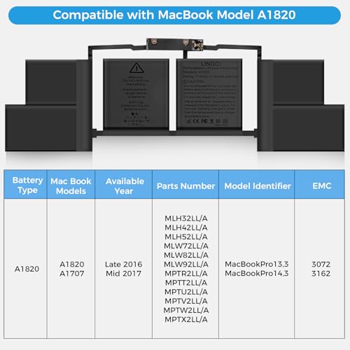 Image of A1707 Battery,A1820 Battery Replacement for MacBook Pro A1707 (2016, 2017) 15-inch A1820 EMC 3072 EMC 3162 (Upgraded High Performance 11.4V 78Wh 6667mAh)