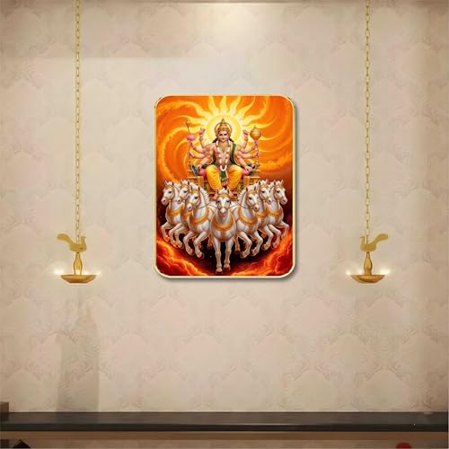 Image of SAF Surya Dev Wall Art with Table Top Stand & Wall Hanging Hole | Premium MDF Surya Narayan Painting for Home Mandir Office Vastu Health Success Decor