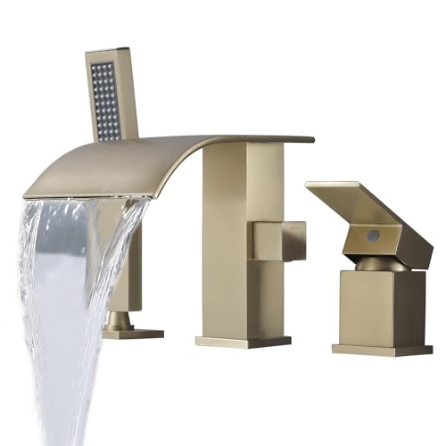 Grifería para bañera romana con ducha de mano, montaje en cubierta, acabado en oro cepillado | Desagüe de 3 orificios con efecto cascada miniatura 1