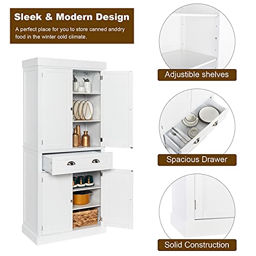 Image of VINGLI 71-Inch White Storage Cabinets with Drawers, Freestanding Pantry Cabinets with Doors and Shelves Adjustable, Wood Farmhouse Kitchen Pantry Cupboard