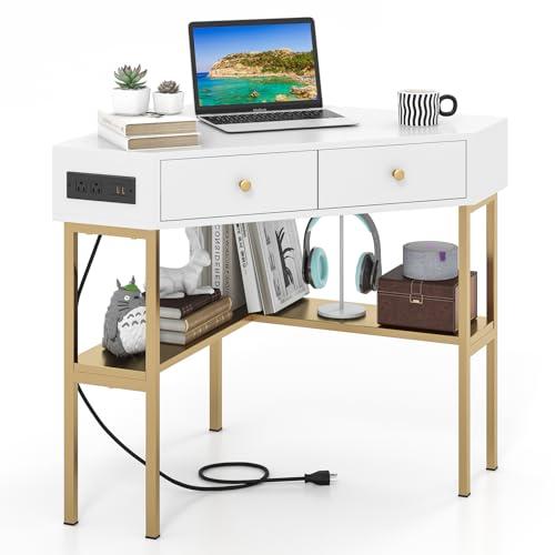 Tangkula Corner Desk with 2 Drawers & Built-in Charging Station,