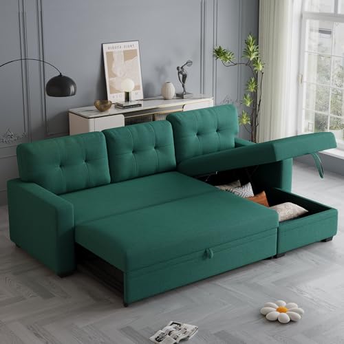 Acosure 82" L-Shape Convertible Sleeper Sectional Sofa with Storage Chaise and Pull-Out Bed,Modular Corner Couch Lounge,w/Removable 3 Back Cushions and Armrest,for Home Furniture,Green