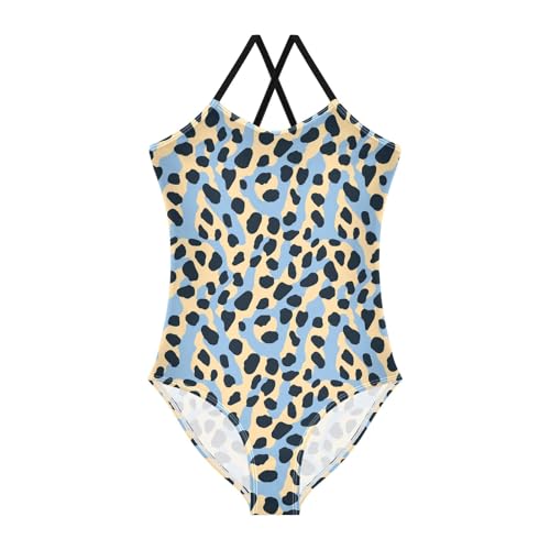 senya Girls Swimsuits One-Piece Swimwear Tie Bathing Suit Beach Summer Round Neck 9-10T Leopard Print Blue Yellow Background Pattern