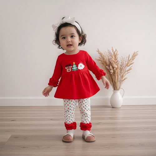GOOCHEER Toddler Baby Girl Christmas Outfit Smocked Embroidery Plaid Long Sleeve Tunic Dress Shirt Top Bell Bottom Pants Set3