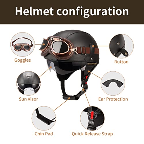 German Style Leather Motorcycle Half Helmet For Adults Men Women, Dot Approved Vintage Cap Half Face Shell Motorcycle Helmets For Cruiser Chopper+Goggles(Black,Small) #TOP2