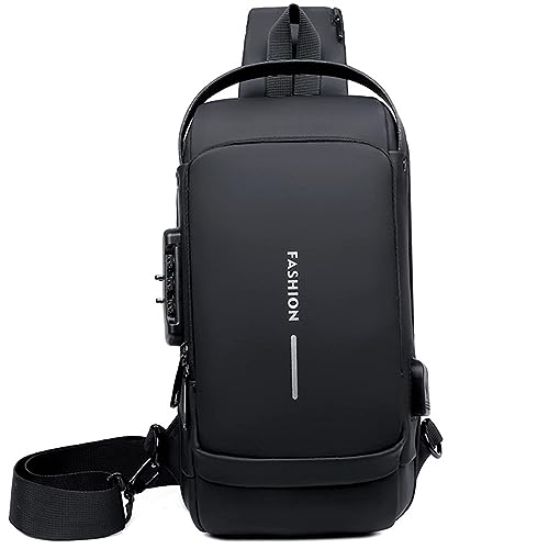 VUCATIN Sling Bag For Men Women, Crossbody Bag with Combination Lock, Anti-Theft Chest Bags with USB Charging Hole, Shoulder Backpack Motorcycle Bags