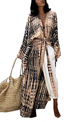 LikeJump Women's Long Floral Kimono Dressing Gown Beach Bikini Cover-Ups Maxi Dress Plus Size Summer Robe