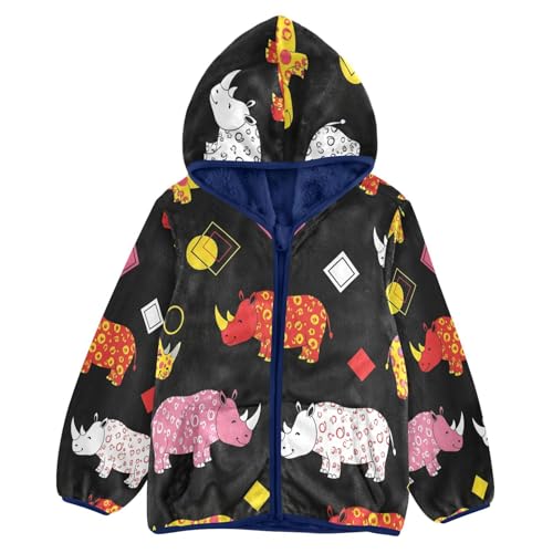 Colorful Rhinos on Black Toddler Fleece Jacket Girl Boys Hooded Fleece Jacket Coat Warm Outwear Zip-up 3-10T