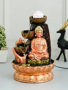 CHRONIKLE Golden Brown Polyresin Tabletop Meditating Buddha 3 Step Indoor Water Fountain for Home Decor with LED, Speed Control Pump and Crystal Ball (Size: 20 x 20 x 29 CM | Weight: 1225Gram)