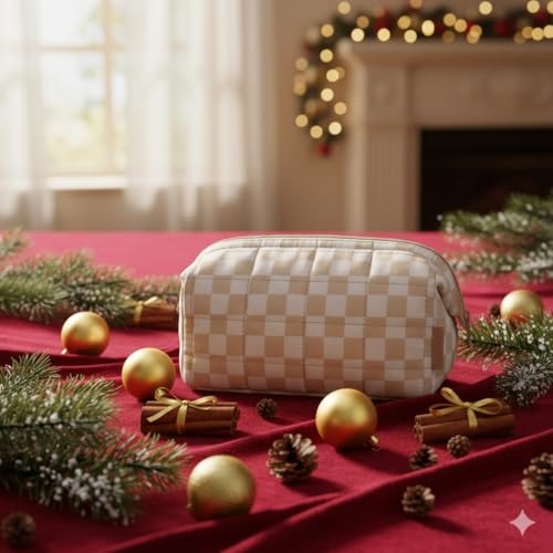Image of BAGSMART Makeup Bag Travel Toiletry Bag, Puffy Padded Make Up Bags for Women Makeup Organizer Case, Wide-open Pouch Purse Travel Essentials Toiletries Accessories Brushes, Checkered Khaki