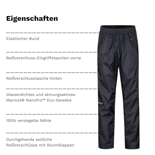 Marmot Herren PreCip Eco Full Zip Pant, wasserdichte Regenhose, Winddichte Wanderhose, atmungsaktive Regenkleidung zum Wandern und Trekking, Black, L
