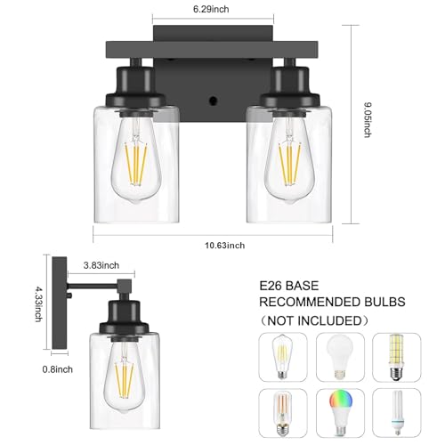 Image of Bathroom Vanity Light, 2-Light Modern Matte Wall Sconce Lighting with Clear Glass Shade, Wall Lights,Bath Vintage Wall Mounted Lamps for Mirror Bedroom Living Room