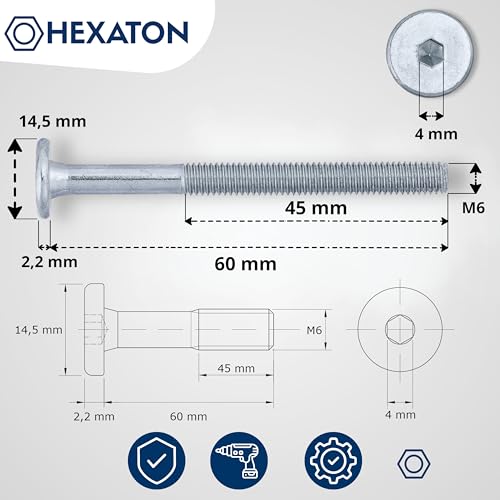 HEXATON Flachkopfschrauben mit Innensechskant M6 x 60 mm – Teilgewinde – 50 Stück – Stahl verzinkt – Möbelschrauben mit Flachkopf