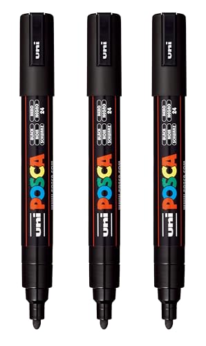 posca PC-5M Water-Based Paint Markers, Reversible Medium Tip (1.8-2.5mm), Black, 3 Count