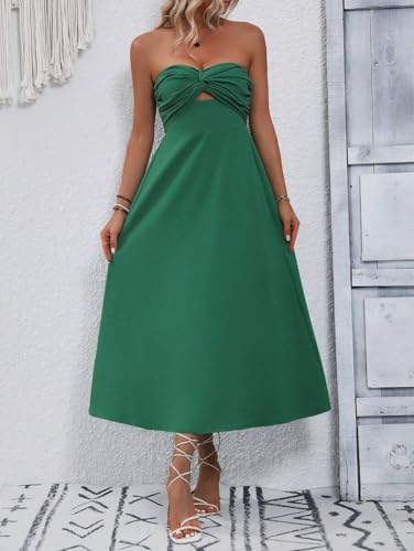 Image of SKAYS Womens Strapless Twist Knot Midi Dress Cutout A-line Tube Summer Cocktail Party Dress with Back Smock
