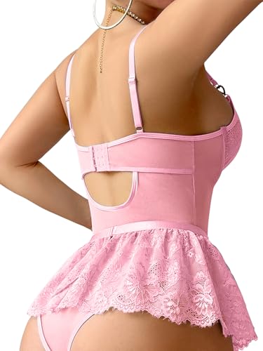 Image of Lilosy Sexy Lingerie Set 3 Piece Women Corset Bodysuit Skirt | Rhinestone Heart Stocking Garter Plus Size Underwire Mesh Sheer Lace Push Up Babydoll Halloween Christmas Valentine's Bridal