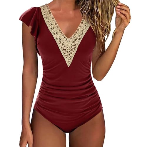 Akklian Women's Ruffled One Piece Swimsuit Tummy Control Bathing Suits V Neck Modest Swimwear Fashion Slimming Swim Suit Wine