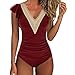 Akklian Women's Ruffled One Piece Swimsuit Tummy Control Bathing Suits V Neck Modest Swimwear Fashion Slimming Swim Suit Wine