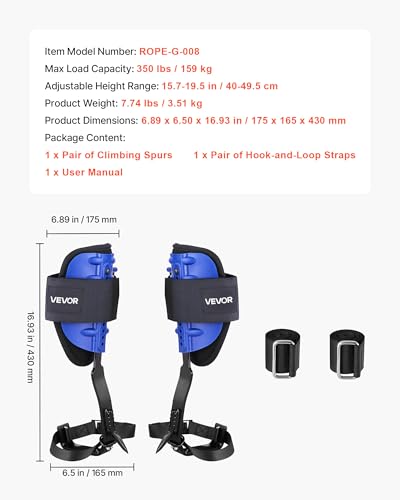 Image of VEVOR Tree Climbing Spikes, 1 Pair Height-Adjustable Climbing Spurs, 350lbs Load Capacity Tree Climbing Gear with Straps, Arborist Equipment for Climbers, Hunting, Fruit Picking