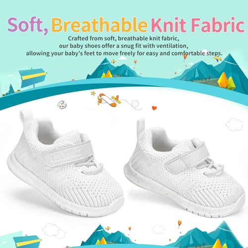 Baby Shoes Boys Girls First Walking Lightweight Non-Slip Toddler Sneakers Infant Tennis Shoes 6 9 12 18 20 24 Months White — view 2