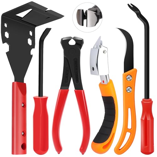6Pcs Trim Removal Tool with Staple Remover Tool Kit Nail Puller Baseboard Removal Tool Upholstery Staple Remover Clip Removal Tool Pry Bar Carpet Knife Fastener Remover Tool Kit for Car Wooden Floor